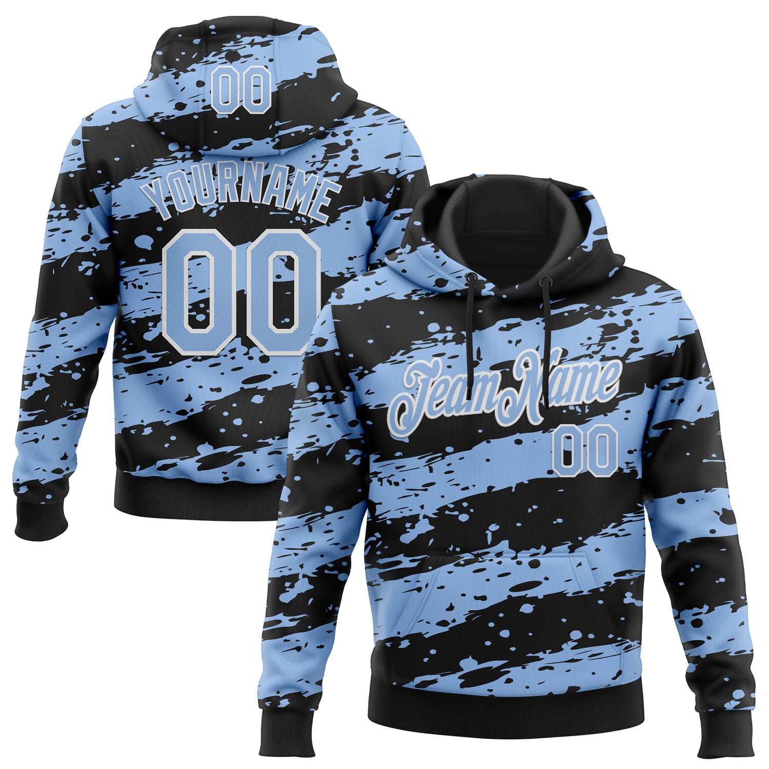 Custom Stitched Black Light Blue-White Splash Torn Paper Style Sports Pullover Sweatshirt Hoodie