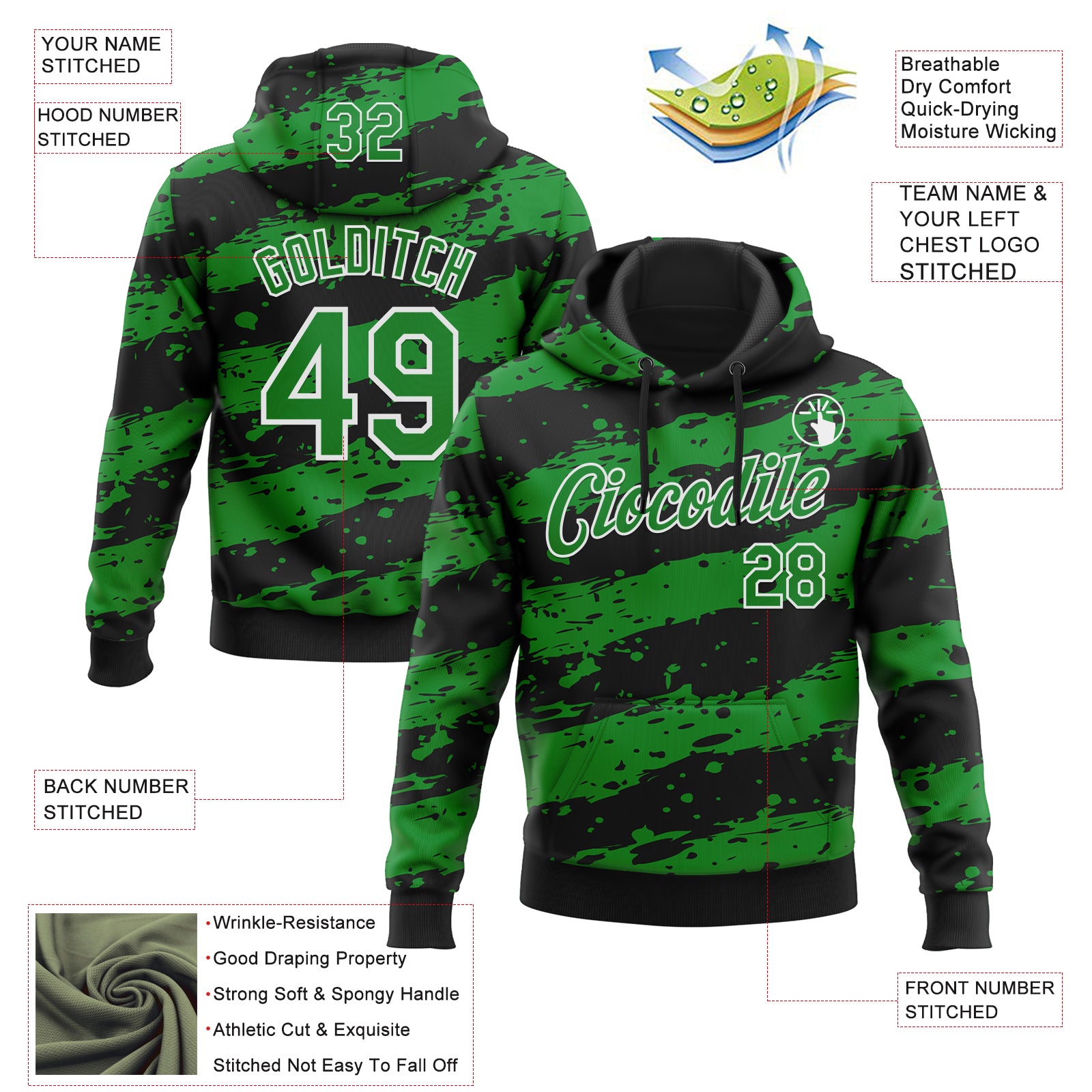 Custom Stitched Black Grass Green-White Splash Torn Paper Style Sports Pullover Sweatshirt Hoodie