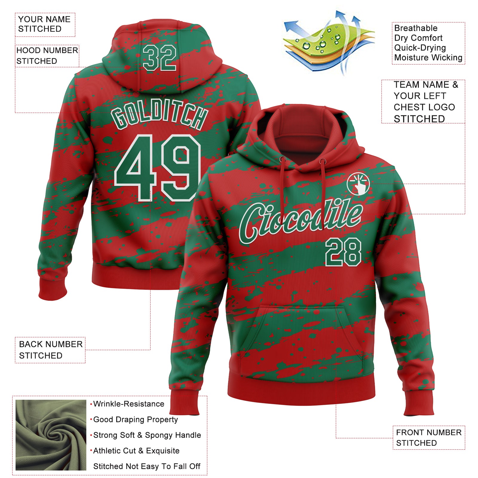 Custom Stitched Red Kelly Green-White Splash Torn Paper Style Sports Pullover Sweatshirt Hoodie