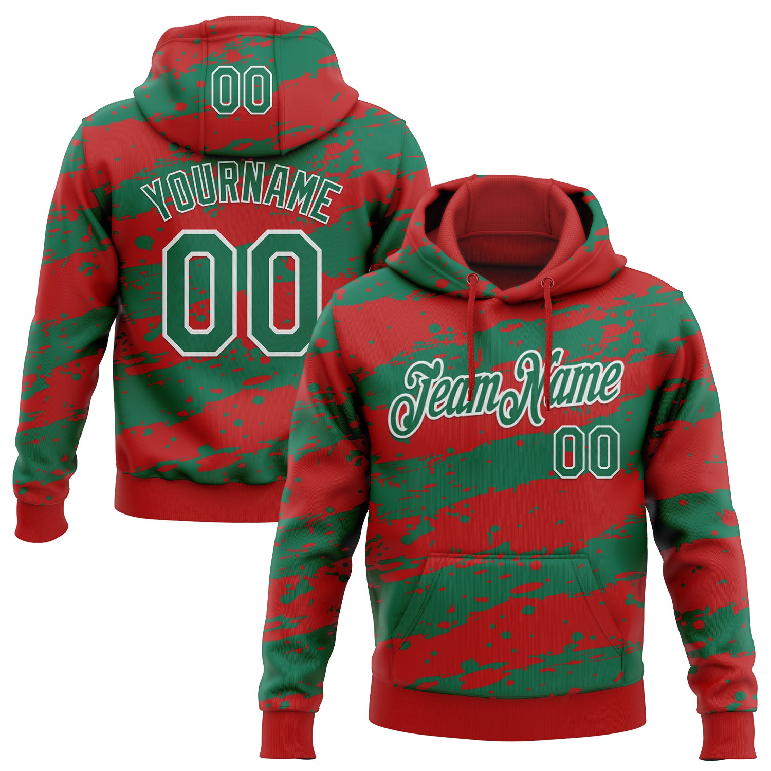 Custom Stitched Red Kelly Green-White Splash Torn Paper Style Sports Pullover Sweatshirt Hoodie
