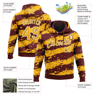 Custom Stitched Burgundy Gold-White Splash Torn Paper Style Sports Pullover Sweatshirt Hoodie
