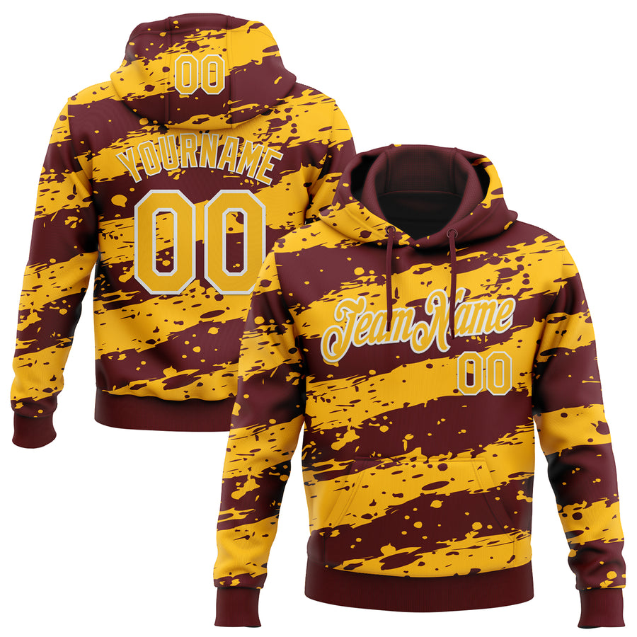 Custom Stitched Burgundy Gold-White Splash Torn Paper Style Sports Pullover Sweatshirt Hoodie