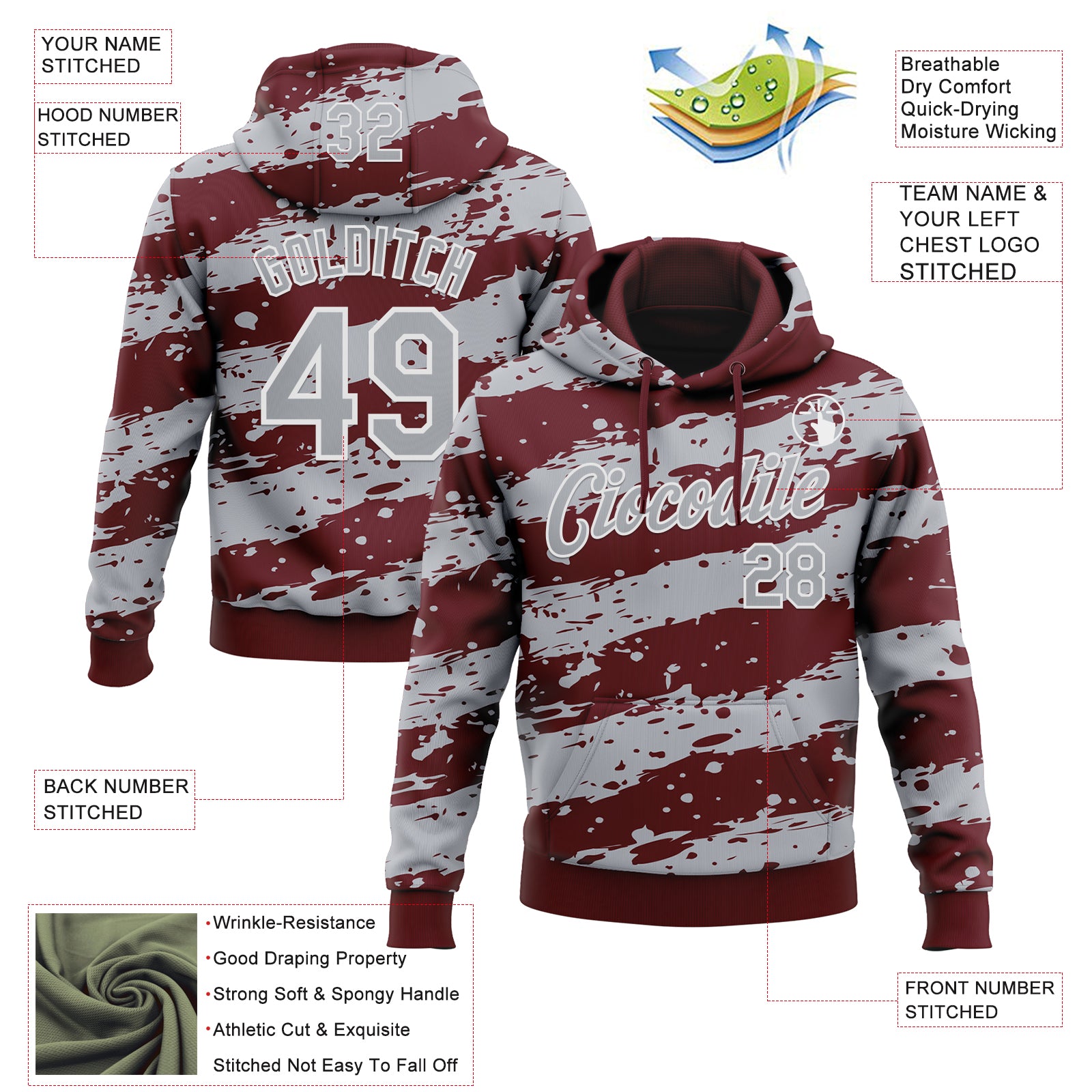 Custom Stitched Burgundy Gray-White Splash Torn Paper Style Sports Pullover Sweatshirt Hoodie