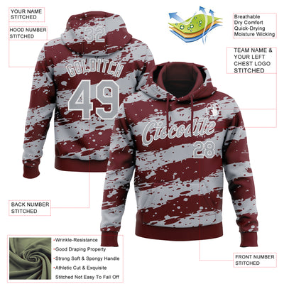 Custom Stitched Burgundy Gray-White Splash Torn Paper Style Sports Pullover Sweatshirt Hoodie