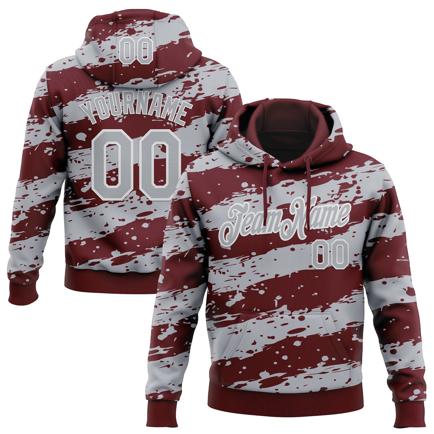 Custom Stitched Burgundy Gray-White Splash Torn Paper Style Sports Pullover Sweatshirt Hoodie