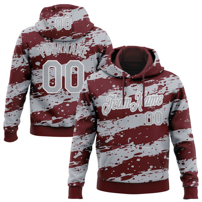 Custom Stitched Burgundy Gray-White Splash Torn Paper Style Sports Pullover Sweatshirt Hoodie