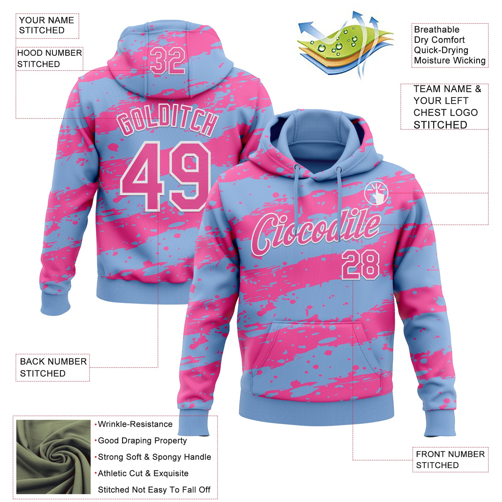 Custom Stitched Light Blue Pink-White Splash Torn Paper Style Sports Pullover Sweatshirt Hoodie