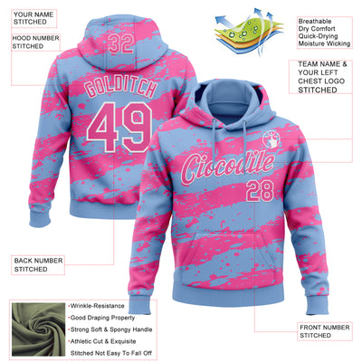 Custom Stitched Light Blue Pink-White Splash Torn Paper Style Sports Pullover Sweatshirt Hoodie
