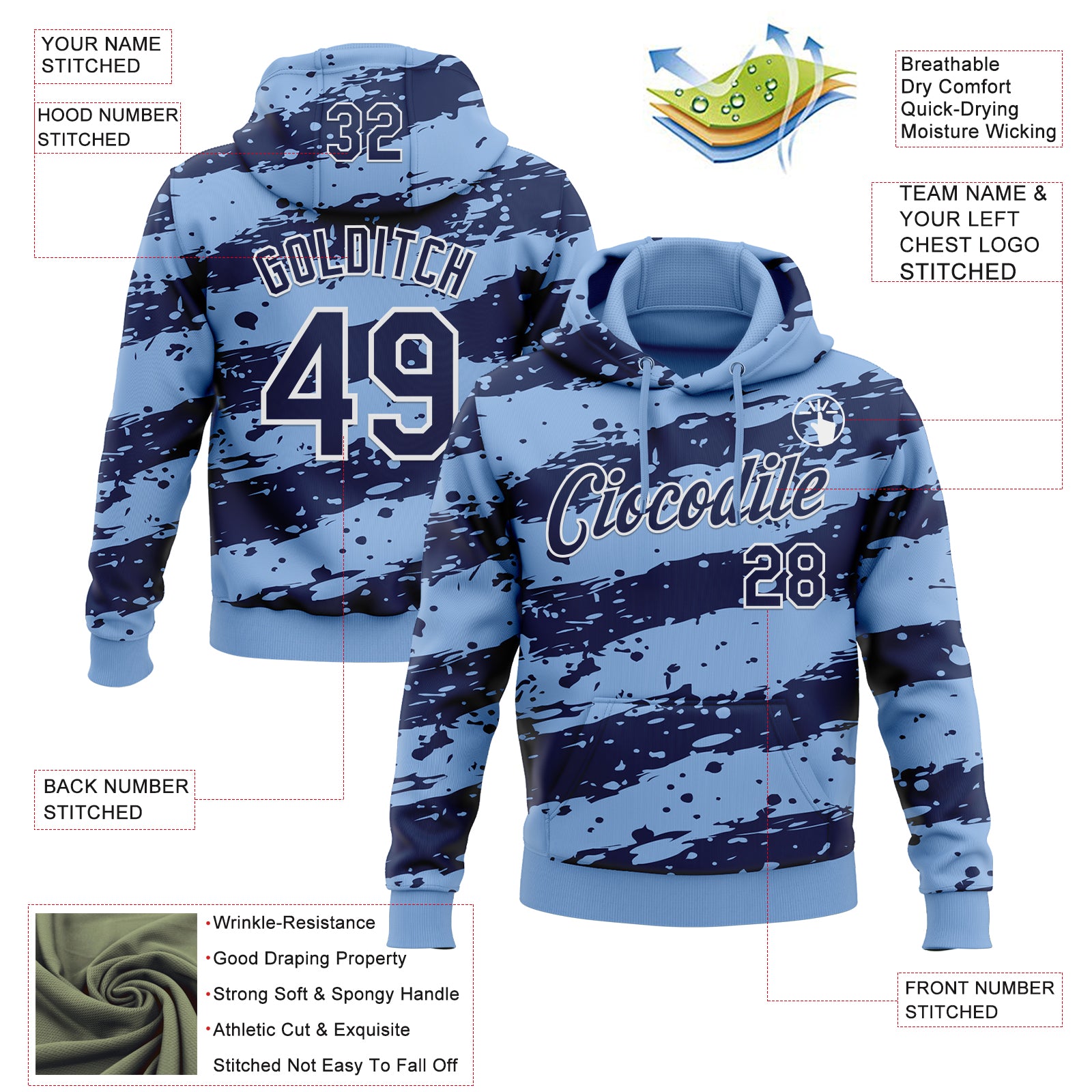Custom Stitched Light Blue Navy-White Splash Torn Paper Style Sports Pullover Sweatshirt Hoodie
