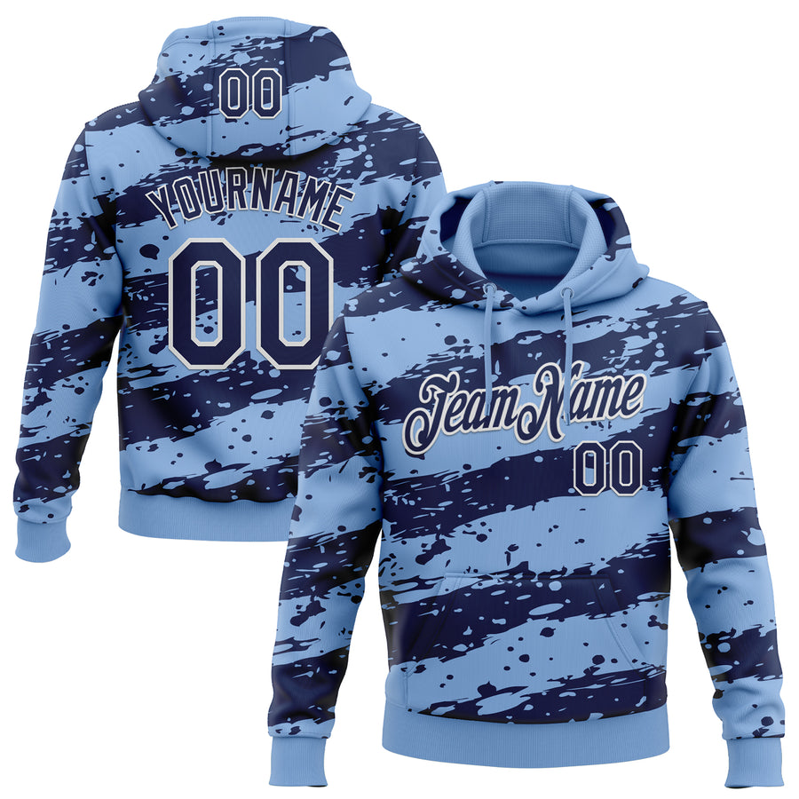 Custom Stitched Light Blue Navy-White Splash Torn Paper Style Sports Pullover Sweatshirt Hoodie