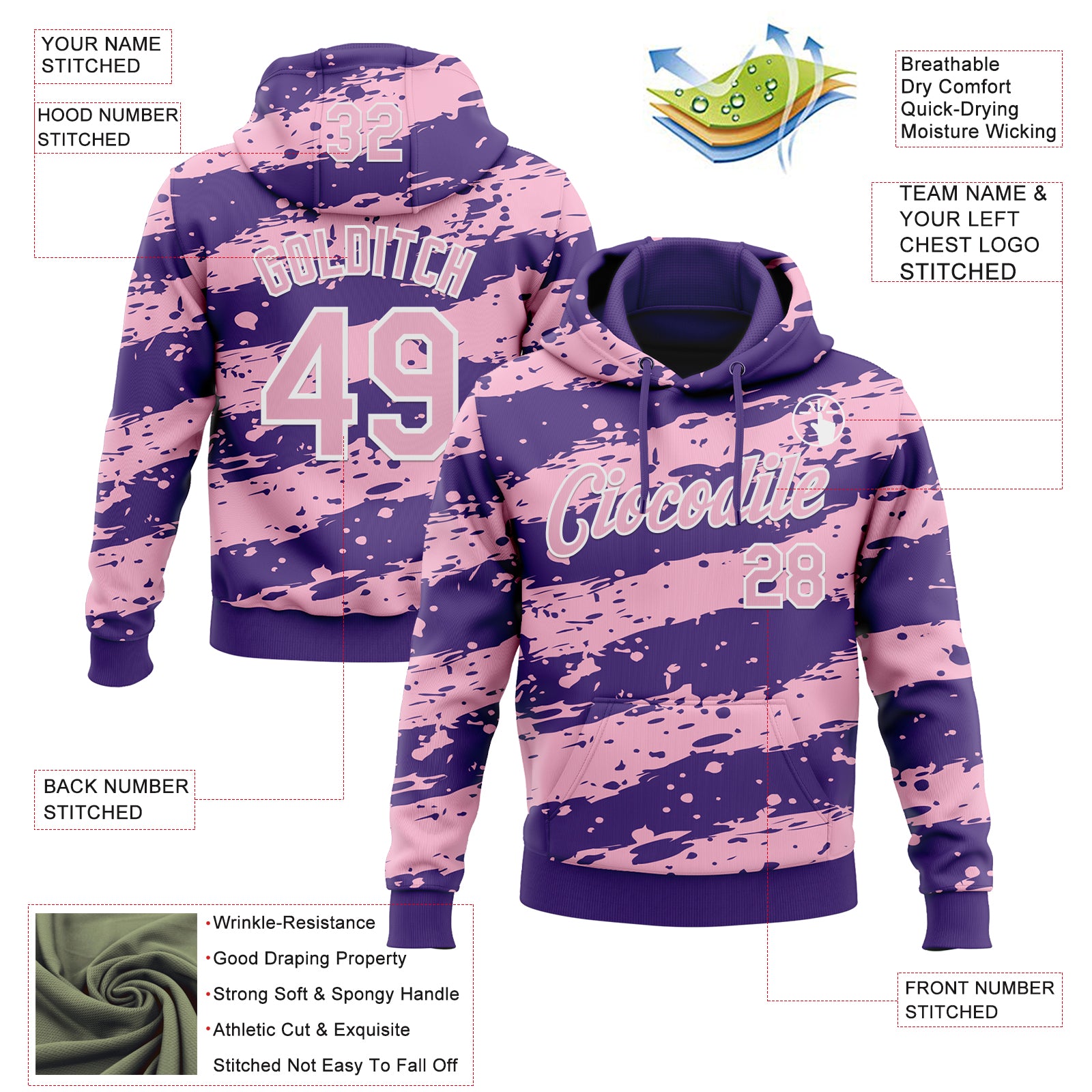 Custom Stitched Purple Light Pink-White Splash Torn Paper Style Sports Pullover Sweatshirt Hoodie