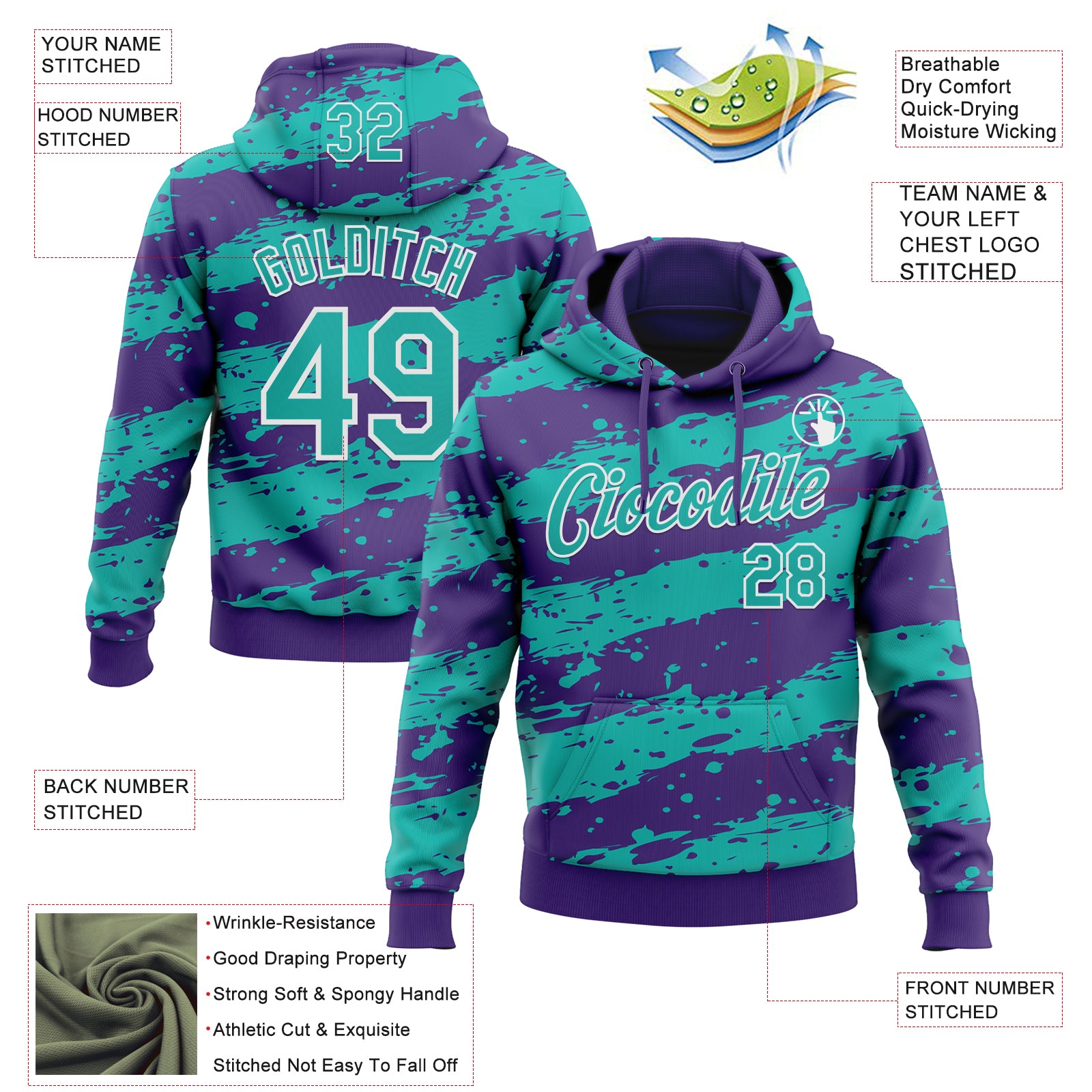 Custom Stitched Purple Aqua-White Splash Torn Paper Style Sports Pullover Sweatshirt Hoodie