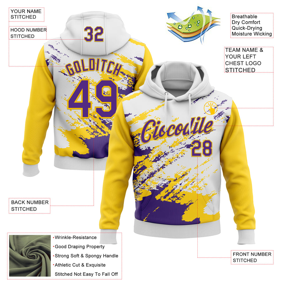 Custom Stitched White Purple-Yellow 3D Pattern Design Abstract Fragment Art Splash Sports Pullover Sweatshirt Hoodie