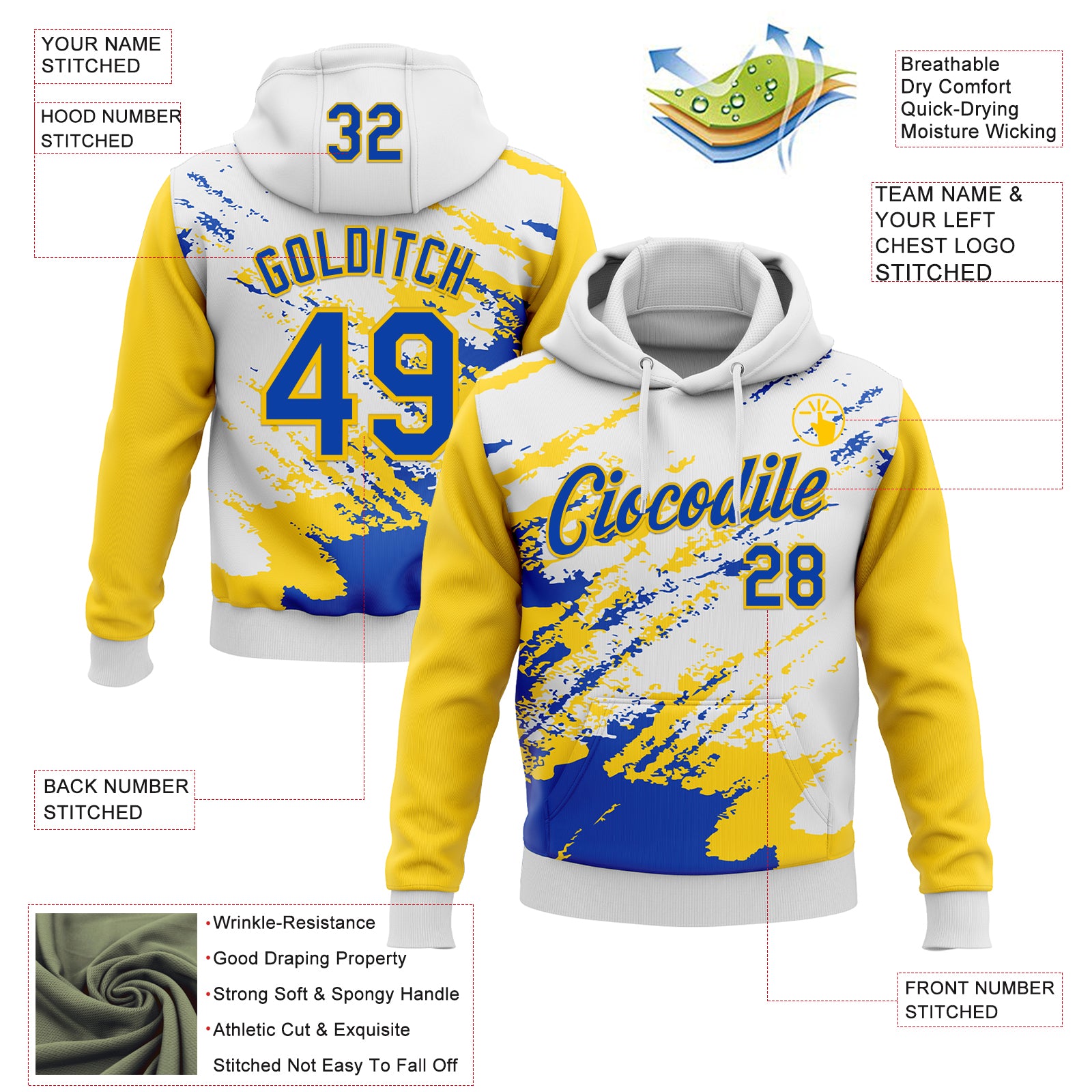 Custom Stitched White Thunder Blue-Yellow 3D Pattern Design Abstract Fragment Art Splash Sports Pullover Sweatshirt Hoodie
