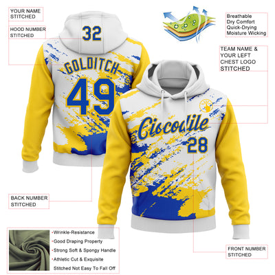 Custom Stitched White Thunder Blue-Yellow 3D Pattern Design Abstract Fragment Art Splash Sports Pullover Sweatshirt Hoodie