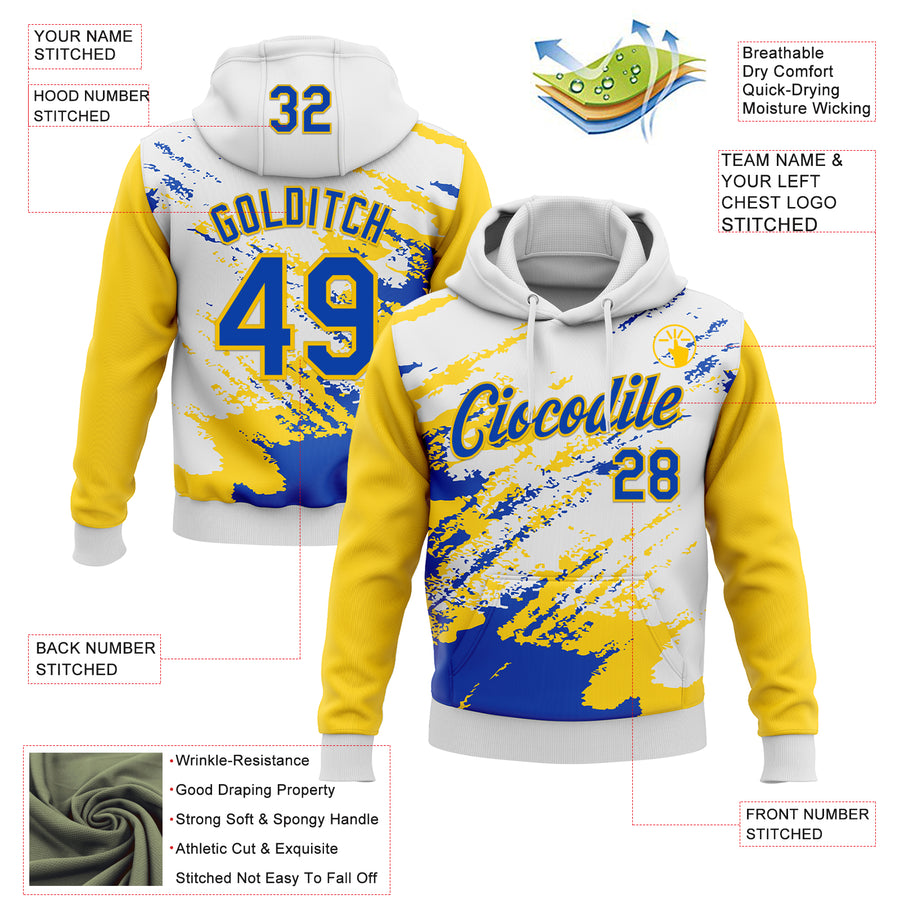 Custom Stitched White Thunder Blue-Yellow 3D Pattern Design Abstract Fragment Art Splash Sports Pullover Sweatshirt Hoodie