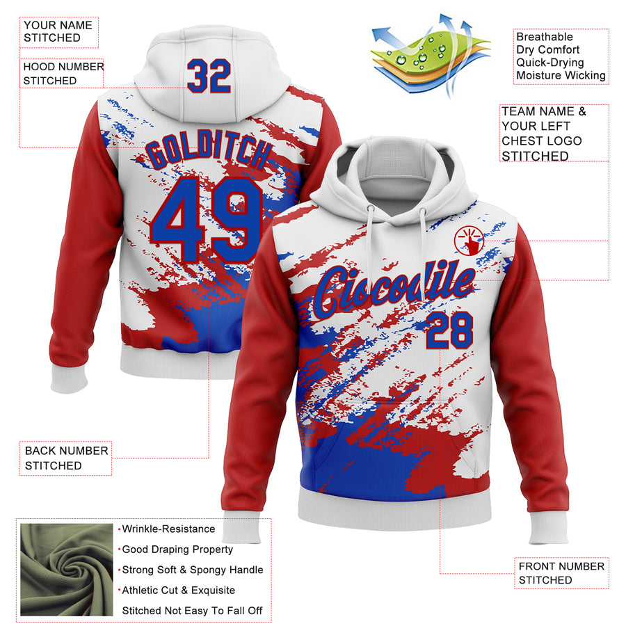 Custom Stitched White Thunder Blue-Red 3D Pattern Design Abstract Fragment Art Splash Sports Pullover Sweatshirt Hoodie