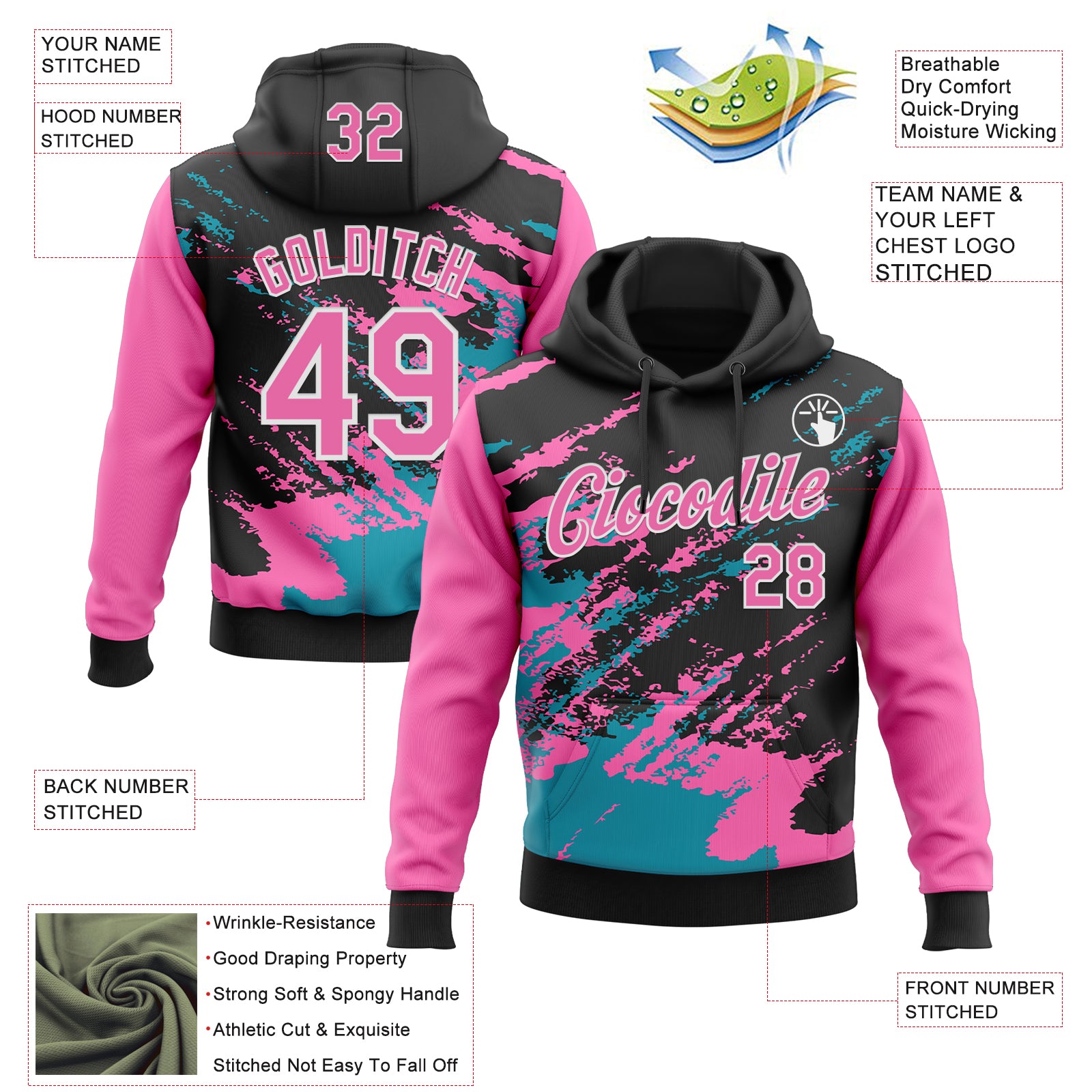 Custom Stitched Black Pink Teal-White 3D Pattern Design Abstract Fragment Art Splash Sports Pullover Sweatshirt Hoodie