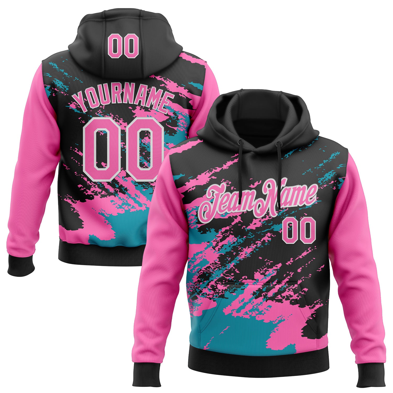 Custom Stitched Black Pink Teal-White 3D Pattern Design Abstract Fragment Art Splash Sports Pullover Sweatshirt Hoodie