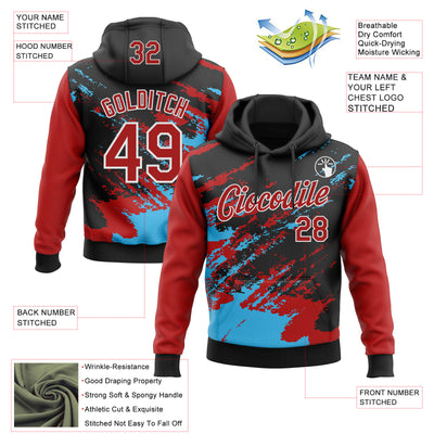 Custom Stitched Black Red Sky Blue-White 3D Pattern Design Abstract Fragment Art Splash Sports Pullover Sweatshirt Hoodie