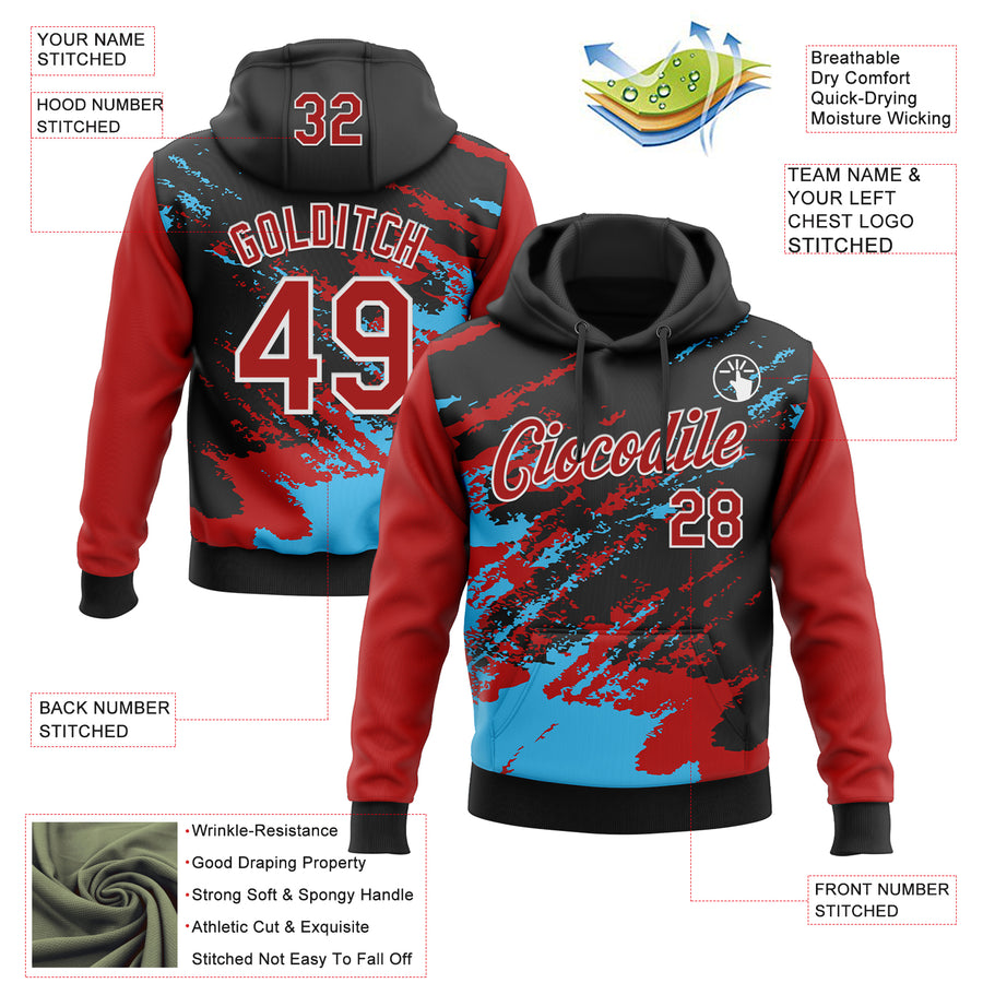 Custom Stitched Black Red Sky Blue-White 3D Pattern Design Abstract Fragment Art Splash Sports Pullover Sweatshirt Hoodie