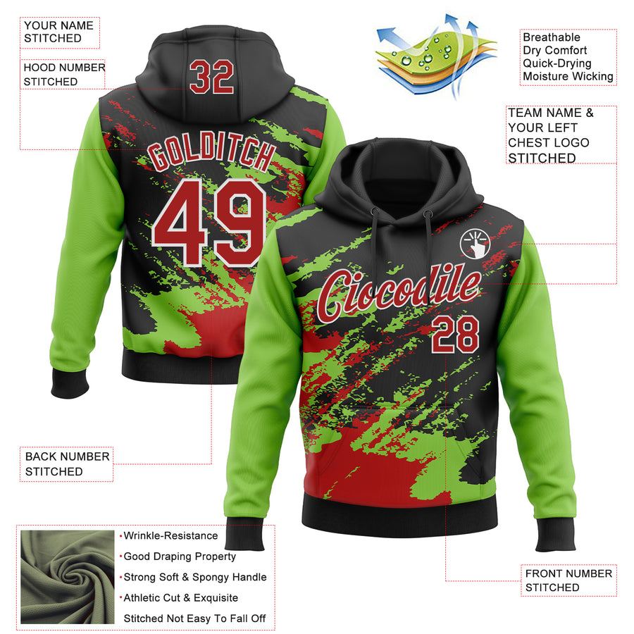 Custom Stitched Black Red Neon Green-White 3D Pattern Design Abstract Fragment Art Splash Sports Pullover Sweatshirt Hoodie
