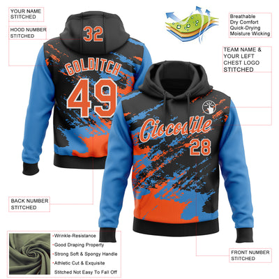 Custom Stitched Black Orange Powder Blue-White 3D Pattern Design Abstract Fragment Art Splash Sports Pullover Sweatshirt Hoodie