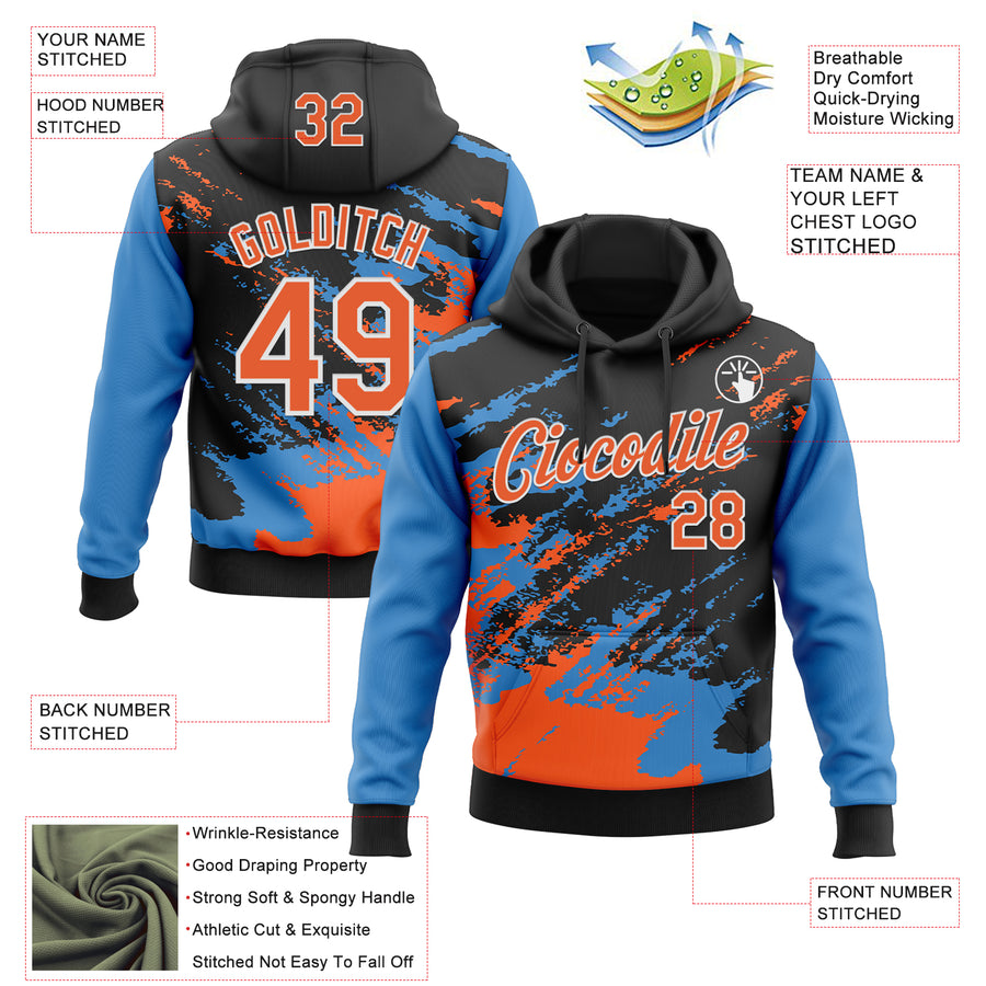 Custom Stitched Black Orange Powder Blue-White 3D Pattern Design Abstract Fragment Art Splash Sports Pullover Sweatshirt Hoodie