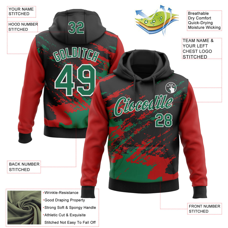Custom Stitched Black Kelly Green Red-White 3D Pattern Design Abstract Fragment Art Splash Sports Pullover Sweatshirt Hoodie