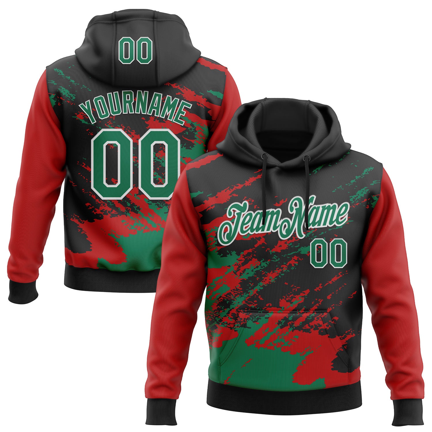Custom Stitched Black Kelly Green Red-White 3D Pattern Design Abstract Fragment Art Splash Sports Pullover Sweatshirt Hoodie