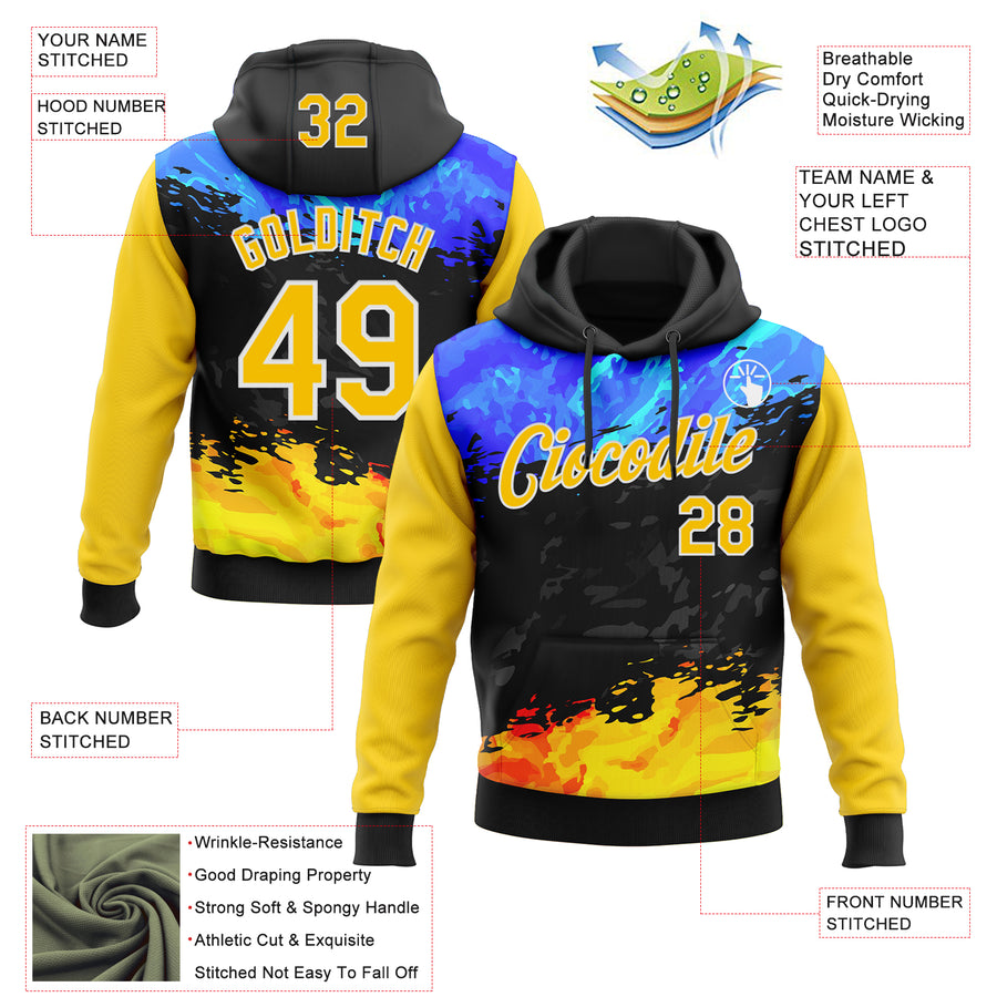Custom Stitched Black Yellow Blue-White 3D Pattern Design Splash Sports Pullover Sweatshirt Hoodie