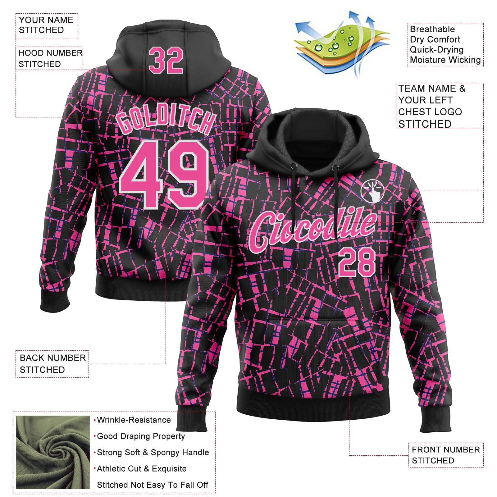 Custom Stitched Black Pink-White 3D Pattern Design Line Sports Pullover Sweatshirt Hoodie