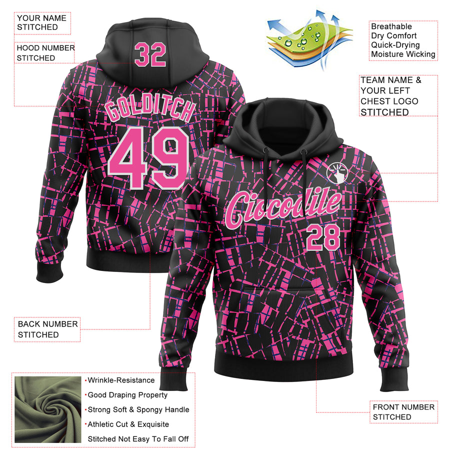Custom Stitched Black Pink-White 3D Pattern Design Line Sports Pullover Sweatshirt Hoodie