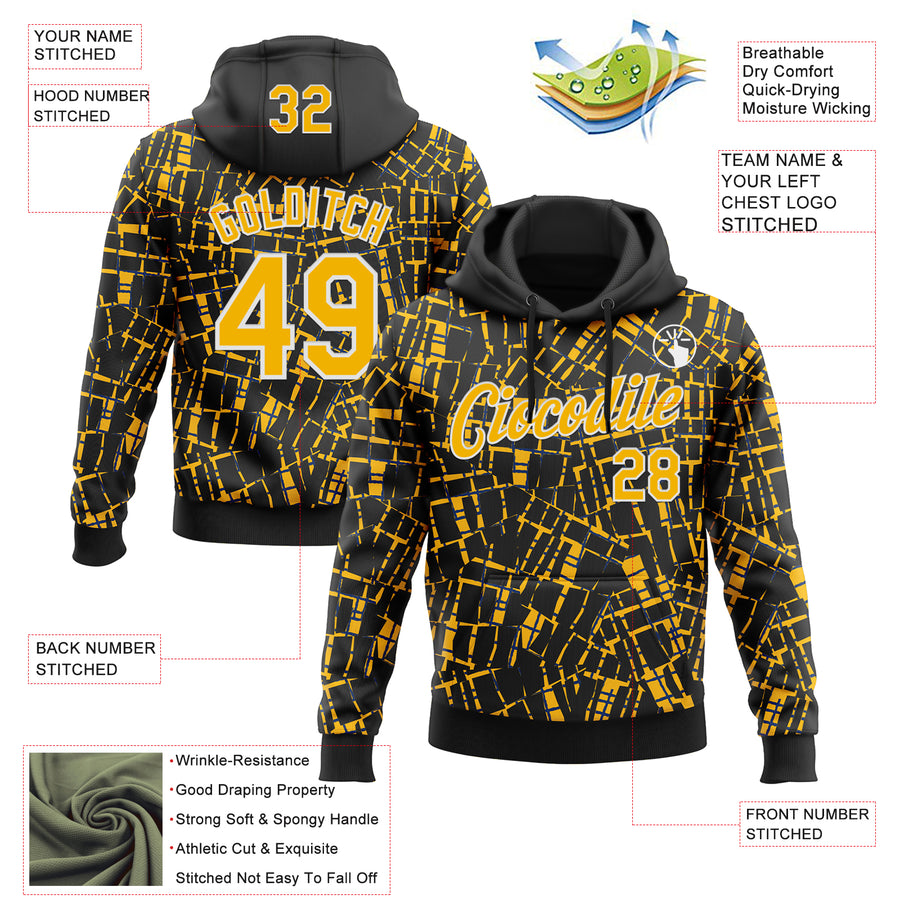 Custom Stitched Black Gold-White 3D Pattern Design Line Sports Pullover Sweatshirt Hoodie
