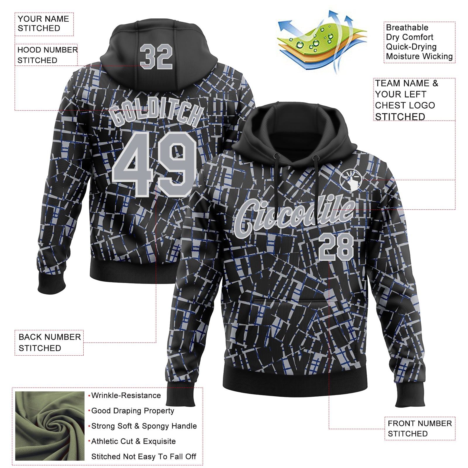 Custom Stitched Black Gray-White 3D Pattern Design Line Sports Pullover Sweatshirt Hoodie