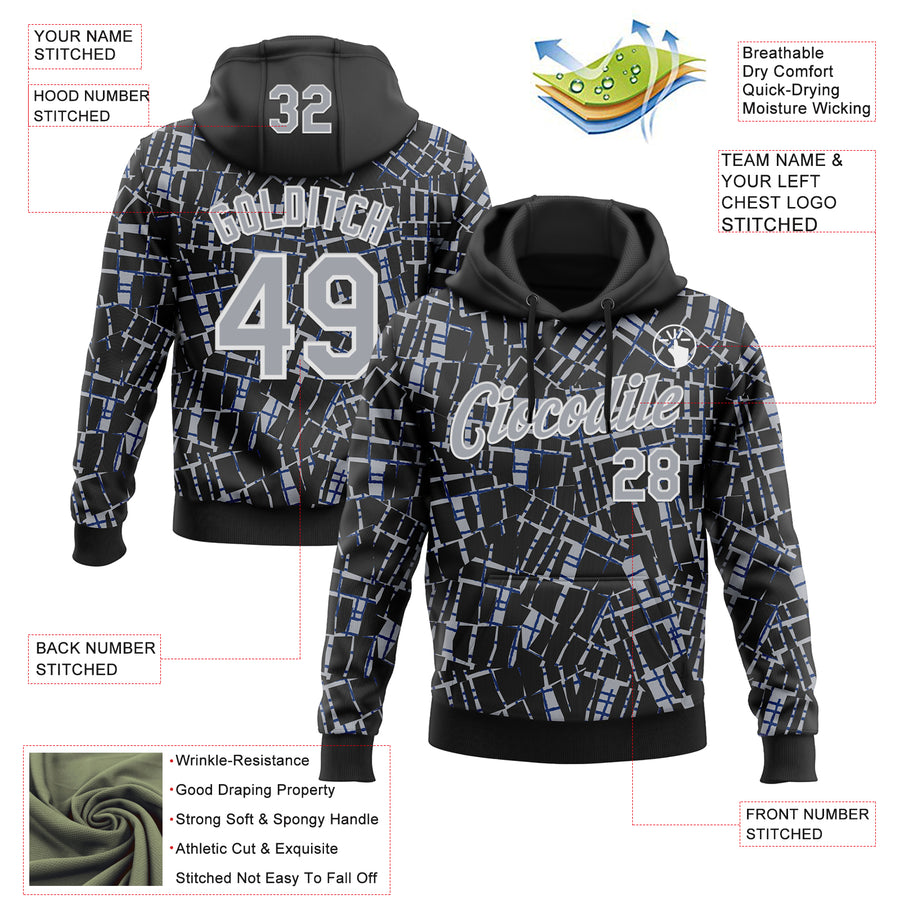 Custom Stitched Black Gray-White 3D Pattern Design Line Sports Pullover Sweatshirt Hoodie