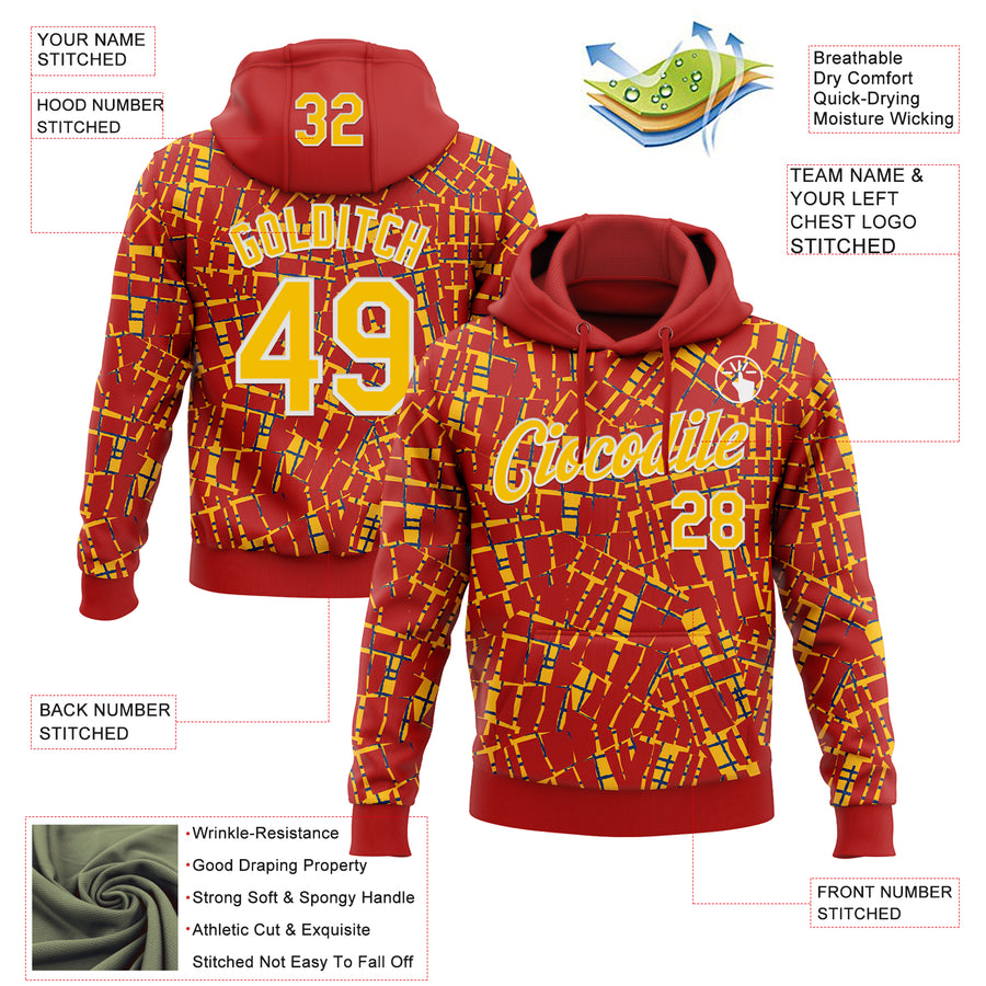 Custom Stitched Red Gold-White 3D Pattern Design Line Sports Pullover Sweatshirt Hoodie