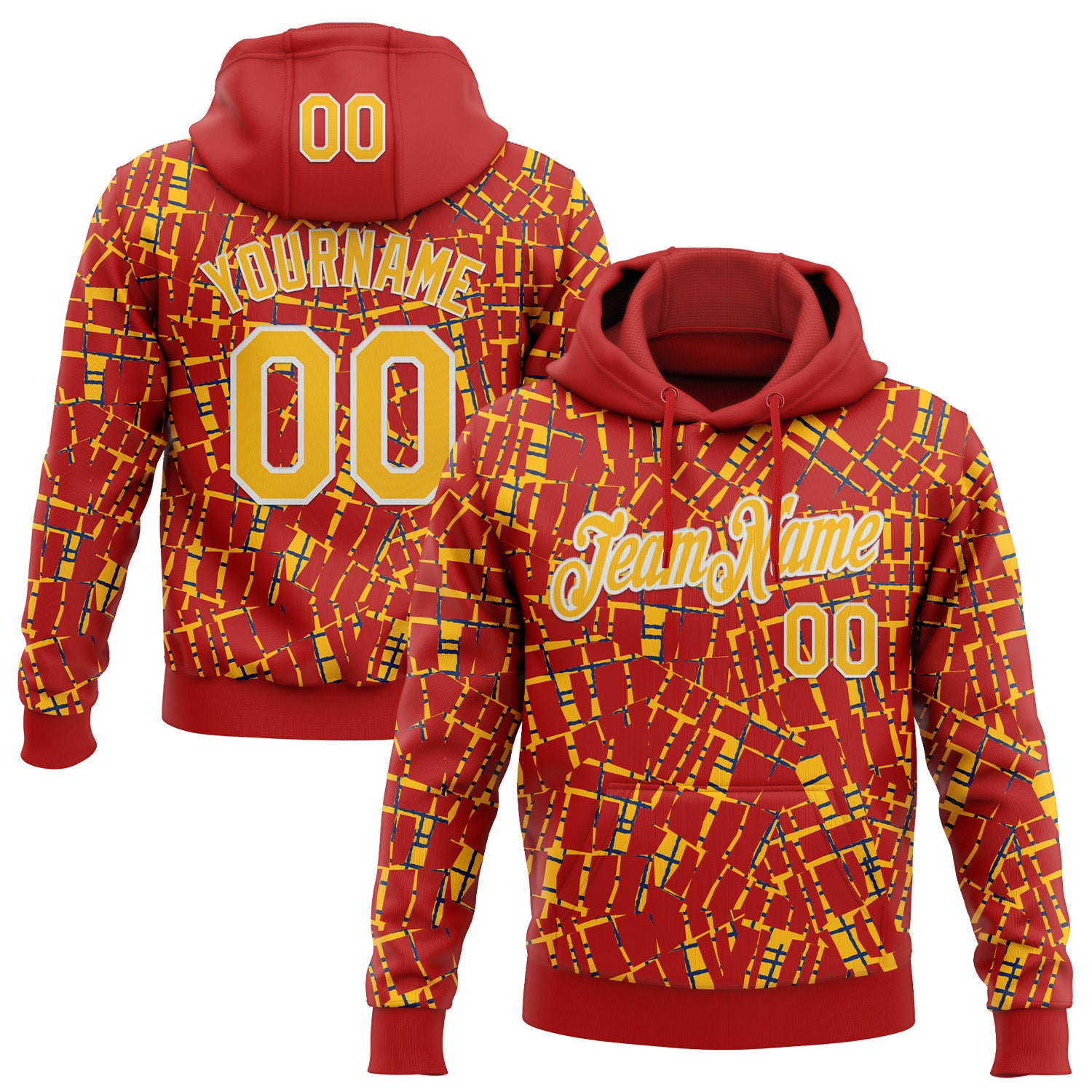 Custom Stitched Red Gold-White 3D Pattern Design Line Sports Pullover Sweatshirt Hoodie