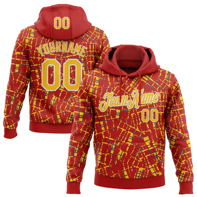 Custom Stitched Red Gold-White 3D Pattern Design Line Sports Pullover Sweatshirt Hoodie