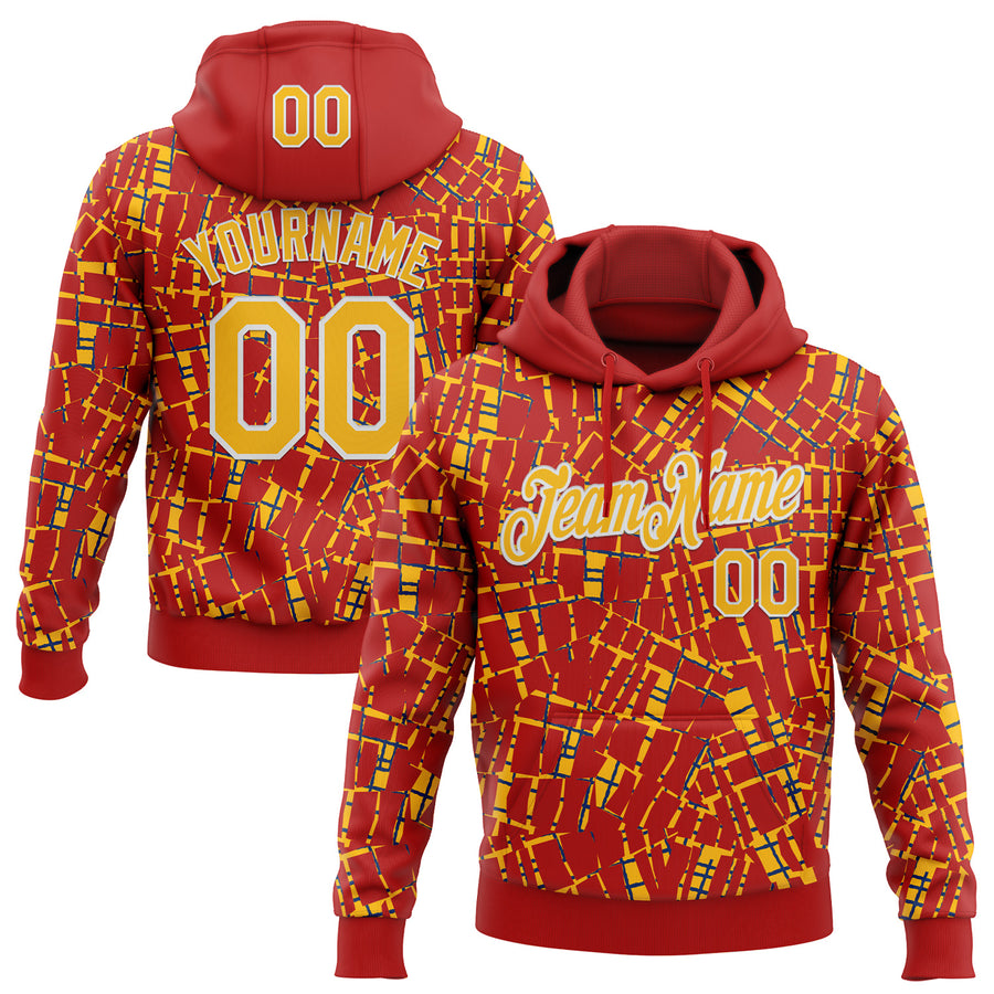 Custom Stitched Red Gold-White 3D Pattern Design Line Sports Pullover Sweatshirt Hoodie