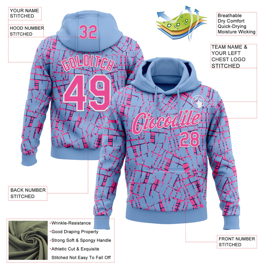 Custom Stitched Light Blue Pink-White 3D Pattern Design Line Sports Pullover Sweatshirt Hoodie