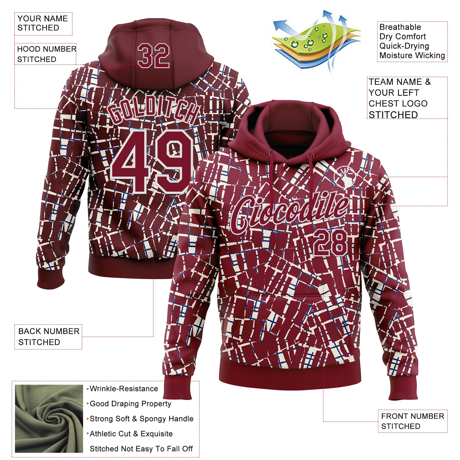 Custom Stitched Crimson White 3D Pattern Design Line Sports Pullover Sweatshirt Hoodie