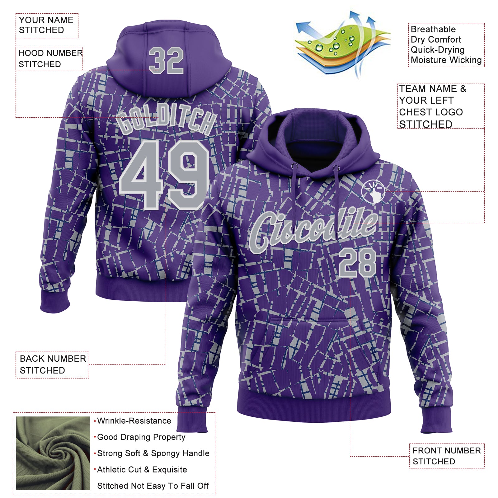 Custom Stitched Purple Gray-White 3D Pattern Design Line Sports Pullover Sweatshirt Hoodie