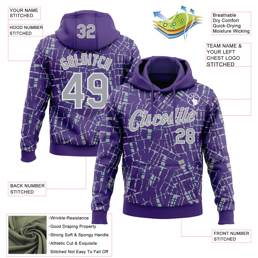 Custom Stitched Purple Gray-White 3D Pattern Design Line Sports Pullover Sweatshirt Hoodie
