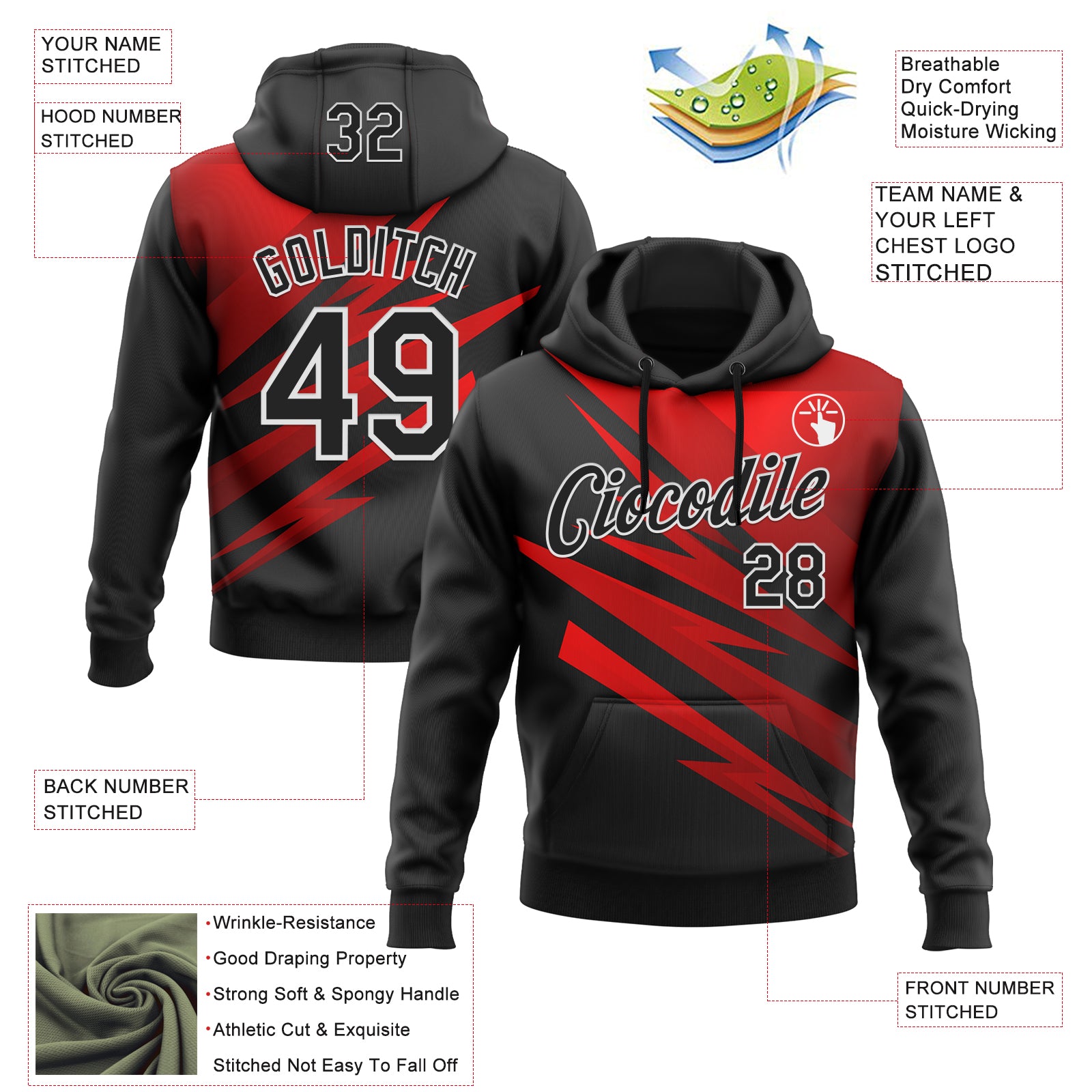Custom Stitched Black Red-White 3D Pattern Design Line Sports Pullover Sweatshirt Hoodie