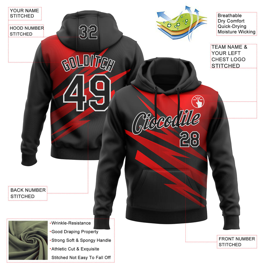 Custom Stitched Black Red-White 3D Pattern Design Line Sports Pullover Sweatshirt Hoodie