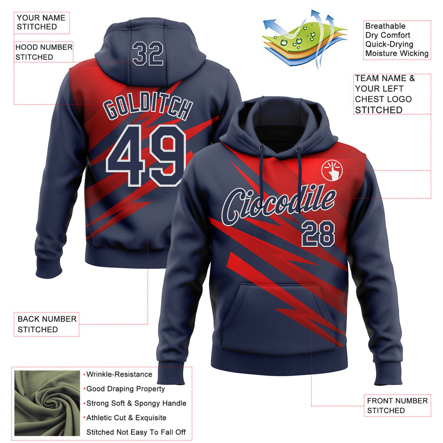 Custom Stitched Navy Red-White 3D Pattern Design Line Sports Pullover Sweatshirt Hoodie