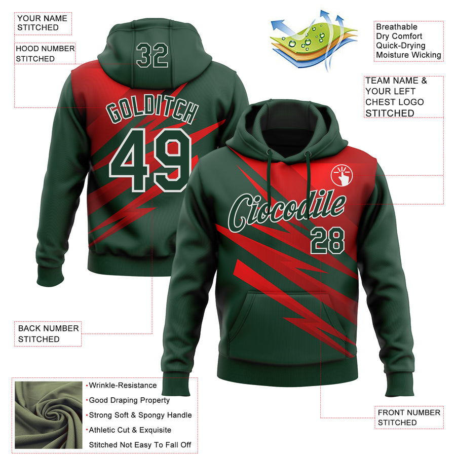 Custom Stitched Green Red-White 3D Pattern Design Line Sports Pullover Sweatshirt Hoodie