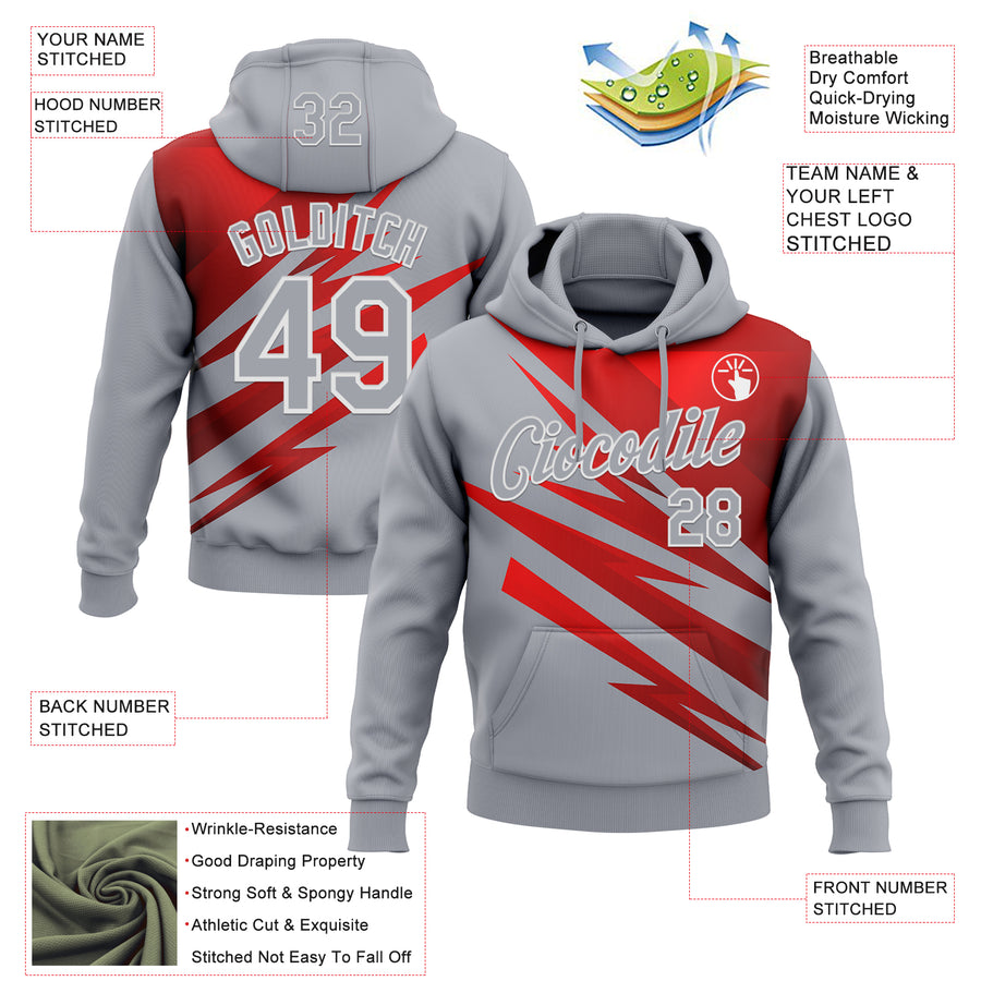 Custom Stitched Gray Red-White 3D Pattern Design Line Sports Pullover Sweatshirt Hoodie