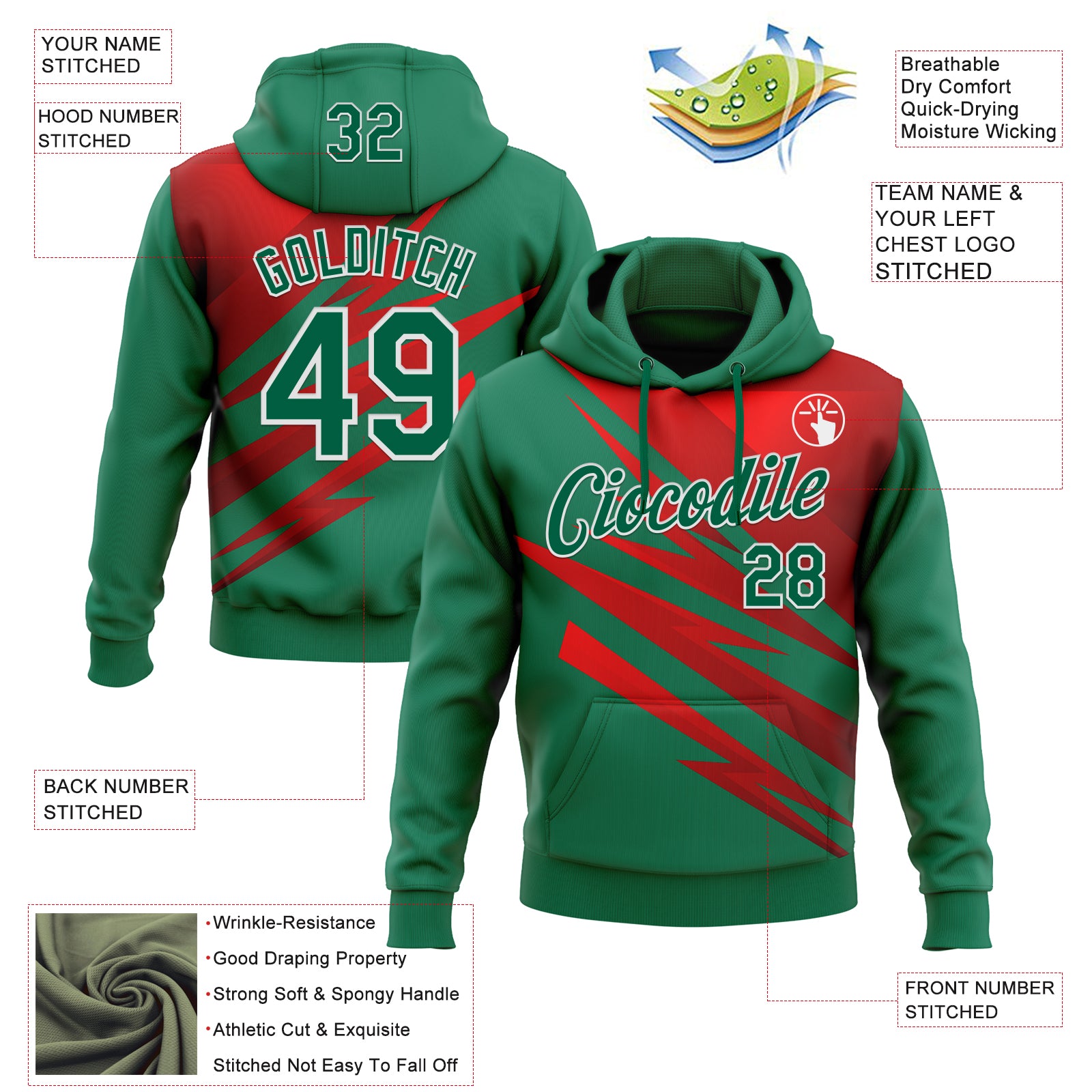 Custom Stitched Kelly Green Red-White 3D Pattern Design Line Sports Pullover Sweatshirt Hoodie